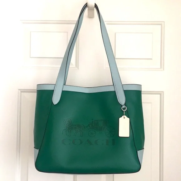 🌺HP🌺 Coach Tote Colorblock with Horse Carriage Pebble Leather Green Multi NWT - Picture 1 of 8